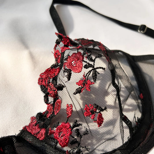 Floral Embroidery Transparent Delicate Fairy Bra+Brief 2pcs set